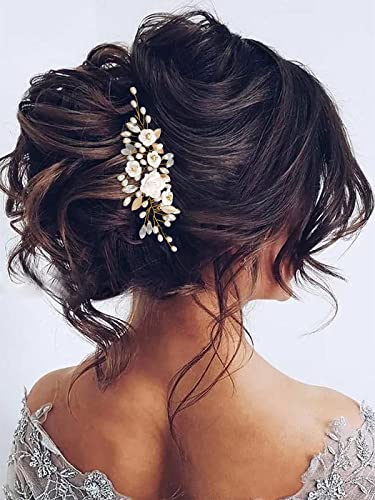 GORAIS Flower Wedding Hair Vine Pearl Bridal Hair Pieces Crystal Hair Accessories for Bride and Women - color: b-gold