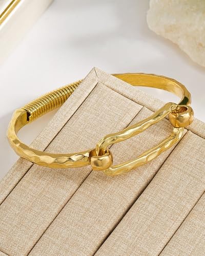Chunky Gold Bangle for Women 14k Gold Plated Hammered Paperclip Cuff Bracelet Minimalist Geometric Cuff Statement Modern Style Party Holiday Jewelry Accessories Gifts