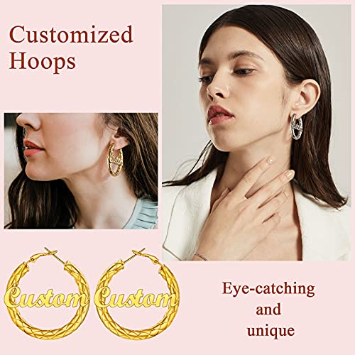FindChic Chunky Hoop Earrings for Women, Silver/Black/14K Gold Plated Crossover Patterned Hollow Tube Rounded Loop Earrings, 30mm/40mm/60mm/80mm Hoops with Custom Name Options and Gift Box - color: f.Gold (Custom Name), size: 80MM