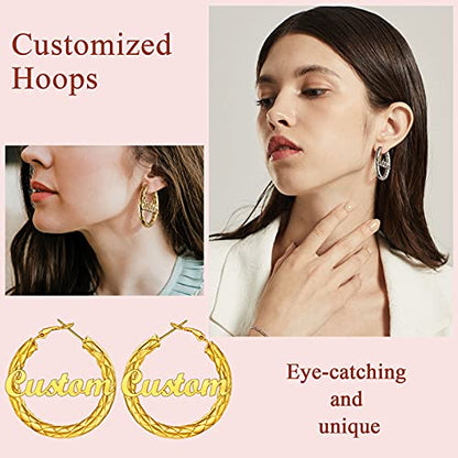FindChic Chunky Hoop Earrings for Women, Silver/Black/14K Gold Plated Crossover Patterned Hollow Tube Rounded Loop Earrings, 30mm/40mm/60mm/80mm Hoops with Custom Name Options and Gift Box - color: f.Gold (Custom Name), size: 80MM