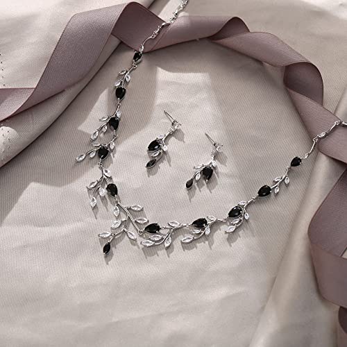 Cubic Zirconia Leaf Vine Wedding Jewelry Set for Bride Women Bridesmaid | Pear-Shaped Birthstone, Necklace Dangle Earrings for Bridesmaid, Silver-Plated-Brass - color: 2pcs_Black