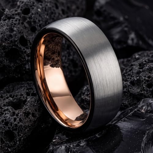 Tungsten Wedding Band Ring 10mm 8mm 6mm 4mm for Men Women 18k Rose Gold Plated Dome Black Grey Brushed Polished - color: 6 Rose Gold Black Grey Tungsten