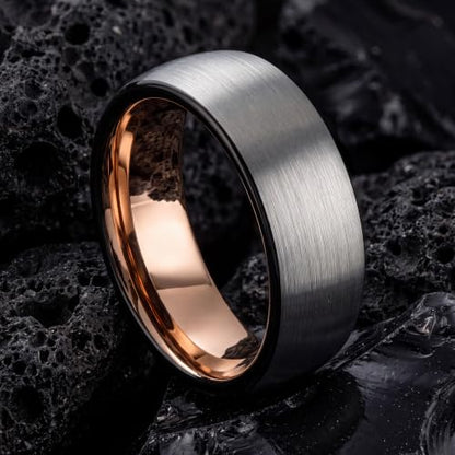 Tungsten Wedding Band Ring 10mm 8mm 6mm 4mm for Men Women 18k Rose Gold Plated Dome Black Grey Brushed Polished - color: 6 Rose Gold Black Grey Tungsten