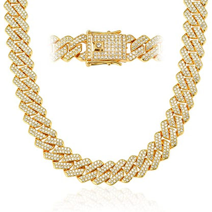 Mens Cuban Link Chain Miami Cuban Necklace 18K Gold Silver Chain For Men Women 14mm Iced Out Hip Hop Jewelry - color: 14K Yellow Gold, size: 20 inches