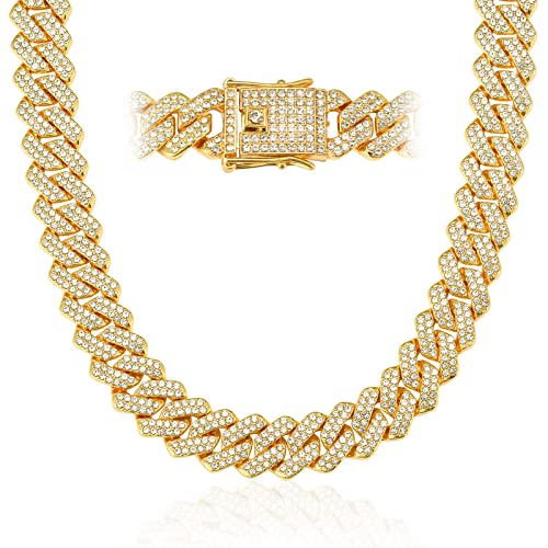 Mens Cuban Link Chain Miami Cuban Necklace 18K Gold Silver Chain For Men Women 14mm Iced Out Hip Hop Jewelry - color: 14K Yellow Gold, size: 18 inches
