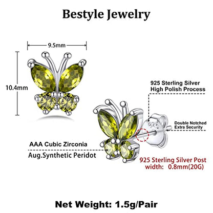 Bestyle Gold Butterfly Earrings for Women, Dainty Cute Birthstone Studs Hypoallergenic Jewelry, Great Birthday Gift - style: 08.August (Peridot)-STUD