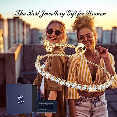 J.Fée Silver Bracelet, S925 Tennis Bracelet with Sparkling 5A Cubic Zirconia Silver Bracelets for Women Adjustable Bracelet for Women Bracelets Womens Bracelet Women Gifts for Women Mom - color: Gold