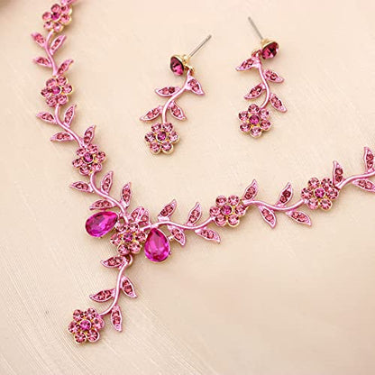 Flower Leaf Crystal Pendant Necklace Dangle Earrings Link Bracelet Bride Bridesmaid Jewelry Sets for Women Wedding Party - color: Pink-Gold Plated