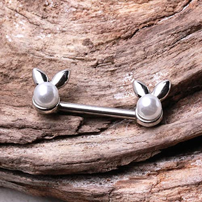 Pierced Owl 14GA 316L Stainless Steel White Faux Pearl Bunny Nipple Barbells, Sold as a Pair