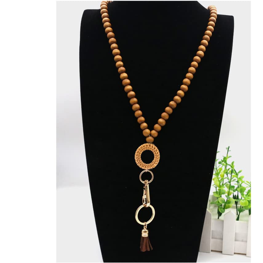 COLORFUL BLING Handmade Braided Rattan Straw Wicker Y-Shaped Long Chain Tassel Necklace Wooden Beads Statement Lanyards Pendant Necklace Women Jewelry