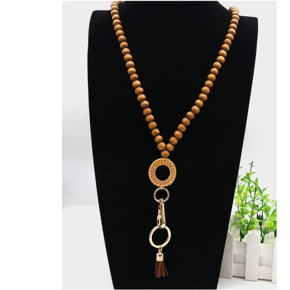 COLORFUL BLING Handmade Braided Rattan Straw Wicker Y-Shaped Long Chain Tassel Necklace Wooden Beads Statement Lanyards Pendant Necklace Women Jewelry