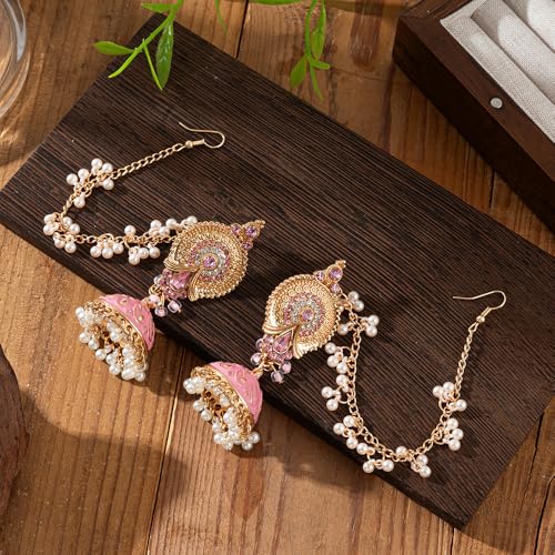 Indian Earrings for Women Vintage Bollywood Jhumka Chandelier Drop Wedding Dangle Earrings with Hair Chain Boho Ethnic Bridal Jewelry Fancy Jhumkis Diwali Karva Chauth Festival Accessories Party Wear