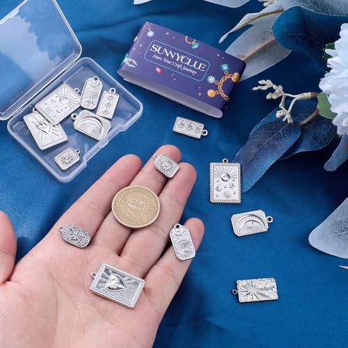 SUNNYCLUE 1 Box 16Pcs 8 Styles Stainless Steel Celestial Charms Silver Sun Moon Charms Bulk Assorted Shape Heart Star Tarot Alloy Magic Dangle Pendants for Jewelry Making DIY Crafting Supplies Women