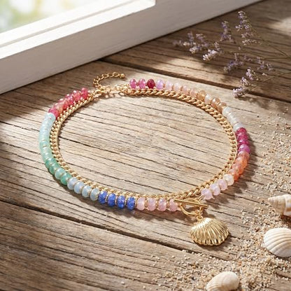 Colorful Acrylic Beaded Necklace For Women, Boho Double Layer Rainbow Beads Thick Cuban Chain Chunky Heart Pendant Statement Choker Summer Beach Jewelry Gift - color: Colorful Gold CZ Shell