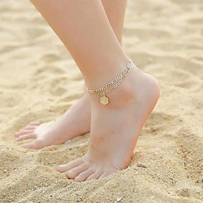 Memorjew Ankle Bracelets for Women, 14K-Gold-Plated Initial A-Z Anklet | Figaro Chain Layered 14K-Gold-Plated Hexagon Letter Anklets for Women, Summer Foot Chain Jewelry Gifts, Ankle Bracelets Gifts - style: A-Gold-Plated