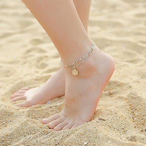 Memorjew Ankle Bracelets for Women, 14K-Gold-Plated Initial A-Z Anklet | Figaro Chain Layered 14K-Gold-Plated Hexagon Letter Anklets for Women, Summer Foot Chain Jewelry Gifts, Ankle Bracelets Gifts - style: C-Gold-Plated