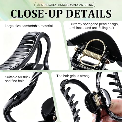 4 Pack Heart Hair Clips, 4.5" Large Durable Trendy Hair Claw Clip with Bead & Butterfly Spring, Premium PC Material Cozy Fashion Hair Claw for Thick Hair, Gift Set for Women Girls, Daily Wear - color: Classic Color 5: Black and White