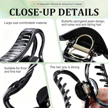4 Pack Heart Hair Clips, 4.5" Large Durable Trendy Hair Claw Clip with Bead & Butterfly Spring, Premium PC Material Cozy Fashion Hair Claw for Thick Hair, Gift Set for Women Girls, Daily Wear - color: Classic Color 5: Black and White