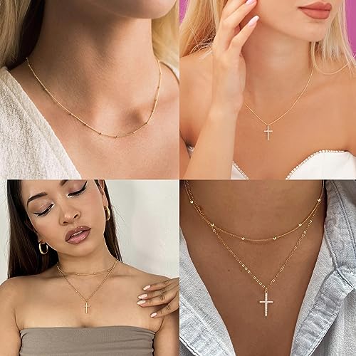 Poxtex Cross Necklace for Women Teen Girls, Dainty 14K Gold Silver Plated Cross Choker Jewelry Non Tarnish Waterproof Cute Simple Small Necklace Christian Baptism Religious Faith Jewelry Gifts - color: 07 Stack Cross Necklace - Gold