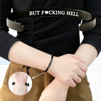 This Too Shall Pass But F*cking Hell Mantra Cuff Bracelets, Stainless Steel Inspirational Cuff Bracelets with Hidden Message Engraved Bracelet Open Adjustable Self-Reminder Bangle Motivational Jewelry for Women - color: Black