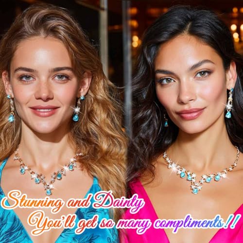 Gold Rhinestone Jewelry Set Bridal Wedding Necklace Earrings Sets Prom Formal Costume Jewelry for Women and Brides - color: Light Blue