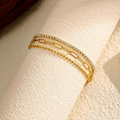 CTRLZTEAM 14K 18K Gold Plated Layered Bracelets for Women Stacked Bracelet | 14K 18K gold plated multi layer bracelets combine distinct chains with single clasp for instant pre-stacked style - style: Integrated 3-in-1 Layered Set