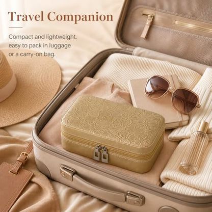 Travel Jewelry Box, Jewelry Box with Embossed PU Leather Small Jewelry Organizer Case with Zipper, Velvet Lined Ring Earring Necklace Case for Travel, 6.3 x 4.7 x 2.4 in - color: Golden