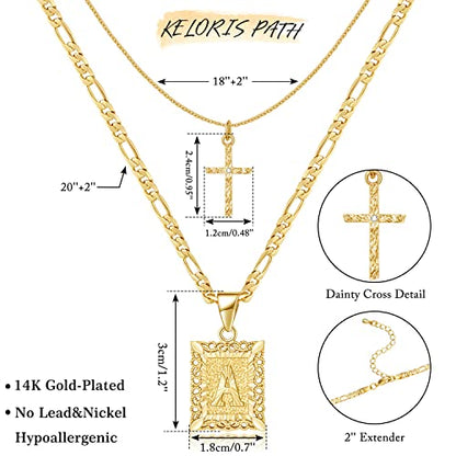 KELORIS PATH Gold Layered Initial Cross Necklace, 14K Gold Plated Layering Square Letter Pendant Figaro Chain Cross Choker from A-Z Capital Jewelry for Women Girls | 14K Gold Plated Square/Hexagon Letter Pendant with Figaro Chain, Stackable Jewelry Gifts,