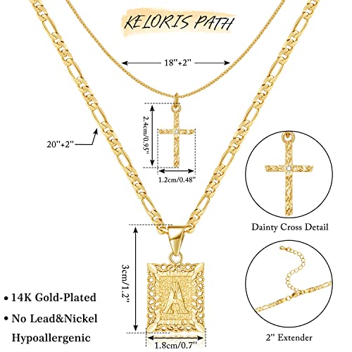 KELORIS PATH Gold Layered Initial Cross Necklace, 14K Gold Plated Layering Square Letter Pendant Figaro Chain Cross Choker from A-Z Capital Jewelry for Women Girls | 14K Gold Plated Square/Hexagon Letter Pendant with Figaro Chain, Stackable Jewelry Gifts,