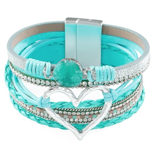 Heart Leather Bracelets for Women Chunky Warp Bracelet Western Boho Vintage Jewelry Country Concert Outfits - color: B3: green leather warp bracelet