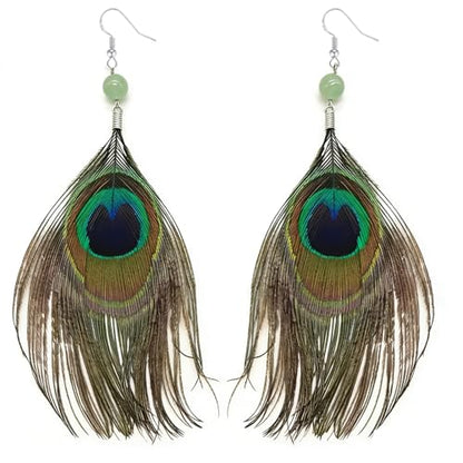 Feather Earrings for Women, Sterling Silver Hook Boho Style Peacock Long Feather Jewelry - color: Peacock Feather-1