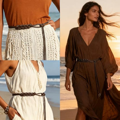 Women's Knotted Thin Waist Belt PU Leather Skinny Belts for Dresses Pants - color: Plaited Hair-coffee