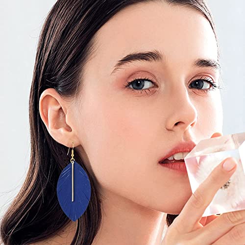 YUNXI Large Genuine Soft Leather Handmade Fringe Feather Lightweight Leaf with Simple Drop Metal Bar Tear Drop Dangle Color Earrings for Women - color: Royal Blue