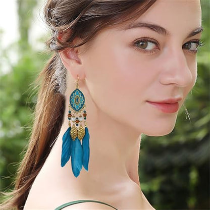 Dreuyet Boho Long Feather Drop Dangle Earrings for Women Retro Bohemian Ethnic Fringe Multicolor Tassel Feather Earring Handmade Statement Dream Catcher Earrings Jewelry - color: Turquoise Oval