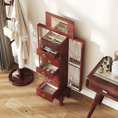 Giantex Standing Jewelry Cabinet with 7 Drawers, Flip-Top Mirror, 2 Side Doors with 12 Necklace Hooks, Divided Ring Compartments, Velvet-Lined Jewelry Armoire Organizer Chest (Cherry) - color: Cherry