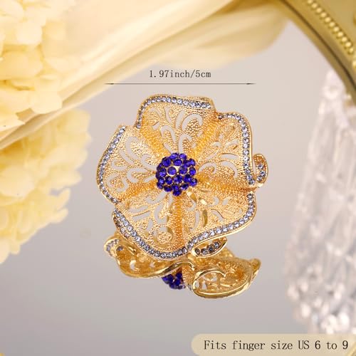 Elegant Big Crystal Flower Ring for Women Gold Rhinestone Floral Rings Open Finger Adjustable Crystal Flower Statement Ring Jewelry for Bridal Wedding - color: Flower 1 - blue