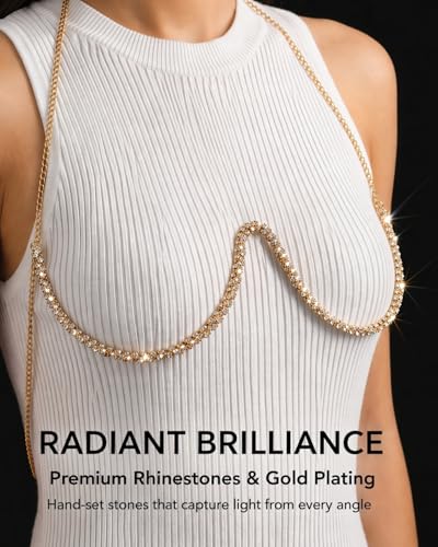 Sexy Rhinestone Bra Chain Chest Bracket Bikini Nightclub Crystal Rave Body Chain For Women Body Jewelry - color: GOLD1