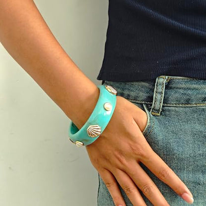 2PCS Chunky Acrylic Bracelet for Women Large Square Resin Cuff Vintage Open Bangle Bracelets Wide Geometric Jewelry - style: O-Shell - Blue