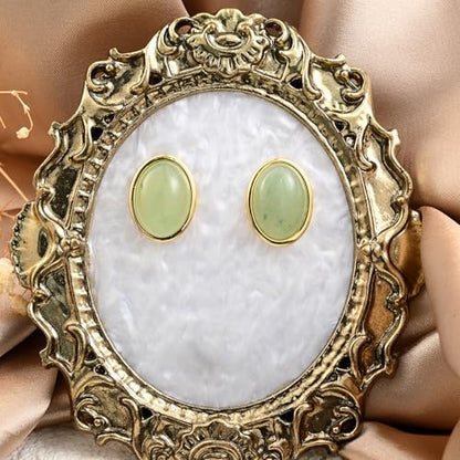 Whatforsh 14k Gold Plated Light Green Jade Oval Stone Stud Geometric Hypoallergenic Earrings for Women