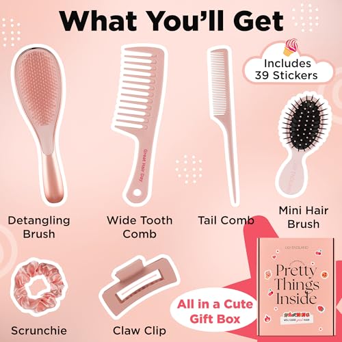 Lily England Hair Brush Set for Girls with Comb, Claw Clip & Stickers