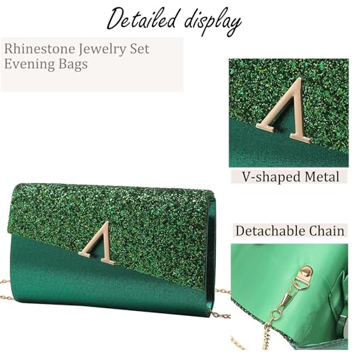 YYW 4 Pieces Women Evening Handbags Clutch Purse Bag with Rhinestone Crystal Jewelry Set for Wedding Party - color: green 2