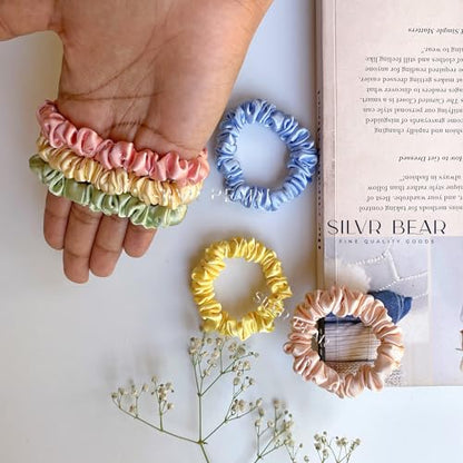 SILVR BEAR Luxury Satin Scrunchies, No Damage Small Hair Ties for Thin Hair, Softer than Silk Ponytail Holders for Women, Girls, Men, 6 Pack Pastel Shades - color: Pastel Skinny