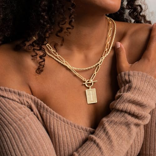M MOOHAM Cross Necklace for Women Non Tarnish - 14K Gold Plated Dainty Clover Cross Layered Necklaces Stack Set Herringbone Figaro Paperclip Chain Necklace Trendy Religious Baptism Faith Jewelry Gifts - color: cross-rope chain