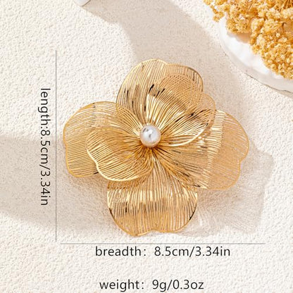 Large Gold Layered Flowers Brooches for Women Filigree Lapel Pins | Chunky Golden Floral Big Pin Trendy Big Fake Pearls Petal Statement Jewelry 70s 80s Costume Outfit Cloth Accessories