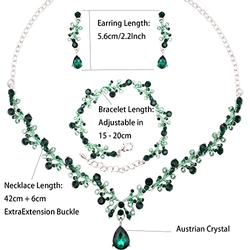 3Pcs Austrian Crystal Jewelry Set for Women, Necklace Dangle Earrings Link Bracelet Jewelry Set with Gold/Platinum/Gun Plated, Wedding Party Jewelry for Bridal Bridesmaid - color: Green-Platinum Plated