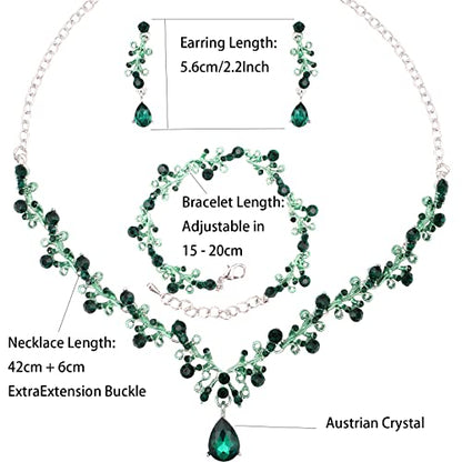 3Pcs Austrian Crystal Jewelry Set for Women, Necklace Dangle Earrings Link Bracelet Jewelry Set with Gold/Platinum/Gun Plated, Wedding Party Jewelry for Bridal Bridesmaid - color: Green-Platinum Plated