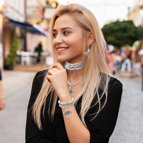 Tondiamo 3 Pcs Gothic Jewelry Set Cross Necklace for Women Goth Earrings Bracelet Layered Y2k Choker Costume Accessory - color: Silver, style: Pearl Style