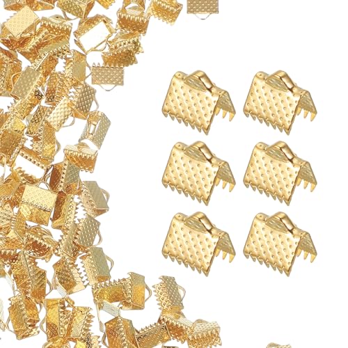 uxcell 200Pcs Ribbon Ends, 8mm Ribbon Crimp Clamp End Bookmark Leather Pinch Crimps Cord Ends, Foldable Clasps Crimp End for Necklace Bracelet DIY Craft Making, Light Gold - color: Light Gold, size: 8mm