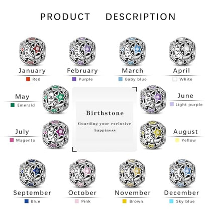 925 Sterling Silver Birthstone Star & Moon Bead Charms with Cubic Zirconia | 12 Months Birthstones, Compatible with Pandora & European Bead Charms Bracelets,Celestial Birthday Jewelry Gift for Women - color: July Magenta Birthstone Charm