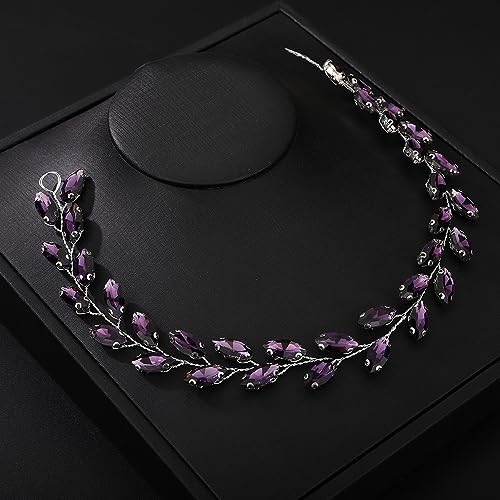 Teyglen Bride Wedding Crystal Hair Vine Full Purple Crystal Headband Bridal Hair Accessories Wedding Headpiece Handmade Rhinestone Hair Piece Headband for Women Girls (Purple) - color: Purple